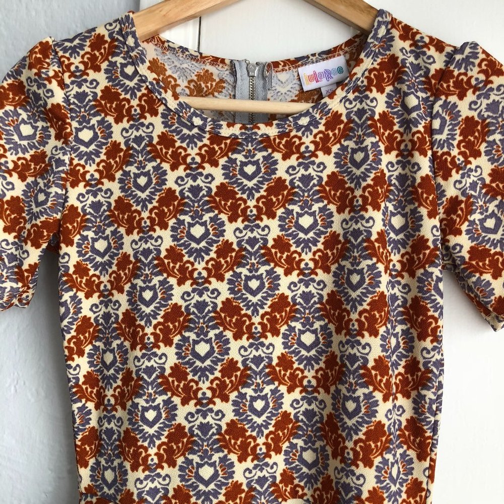 LulaRoe Amelia Dress Damask Purple Orange Print Size XS